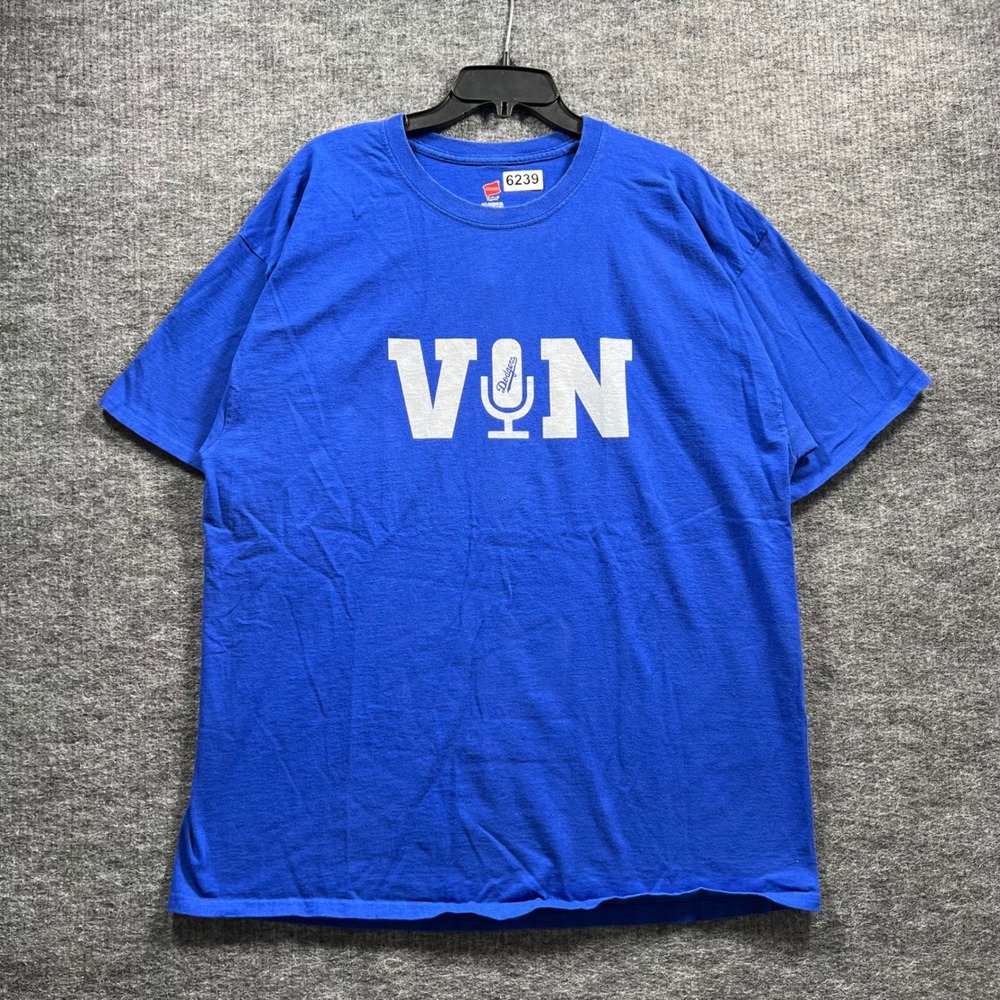 Hanes Mens 2XL Blue Graphic Tee Los Angeles Dodgers VIN Microphone T-Shirt
